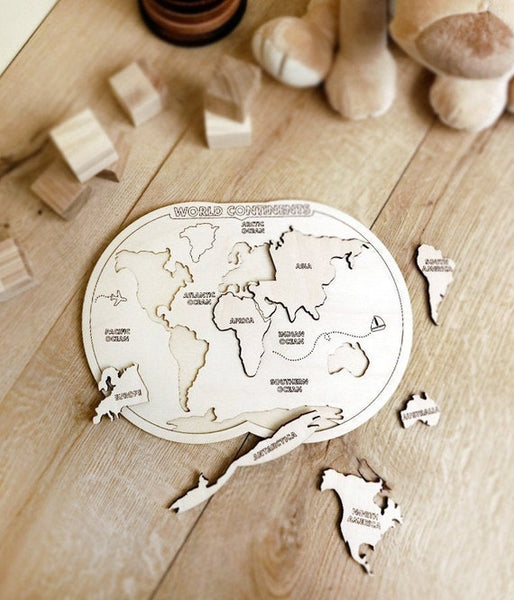 World map wooden puzzle, Montessori toy for boys and girls, Wooden puzzles for toddlers, Montessori materials, Home activities for kids by PromiDesign