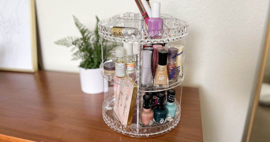 Rotating Makeup Organizer Just $19 on Amazon | Adjustable Shelves & Over 20 Storage Compartments