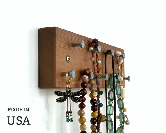 Small Jewelry Rack, Reclaimed Wood, Wall Mountable, with Metal Hooks, Made in USA by andrewsreclaimed