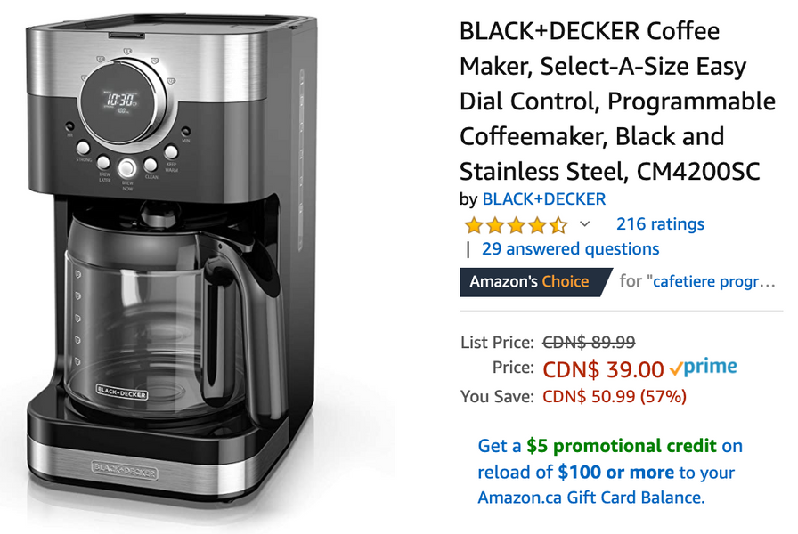 Amazon Canada Deals: Save 57% on BLACK+DECKER Coffee Maker + 53% on Wireless Earbuds with Coupon + More Offers