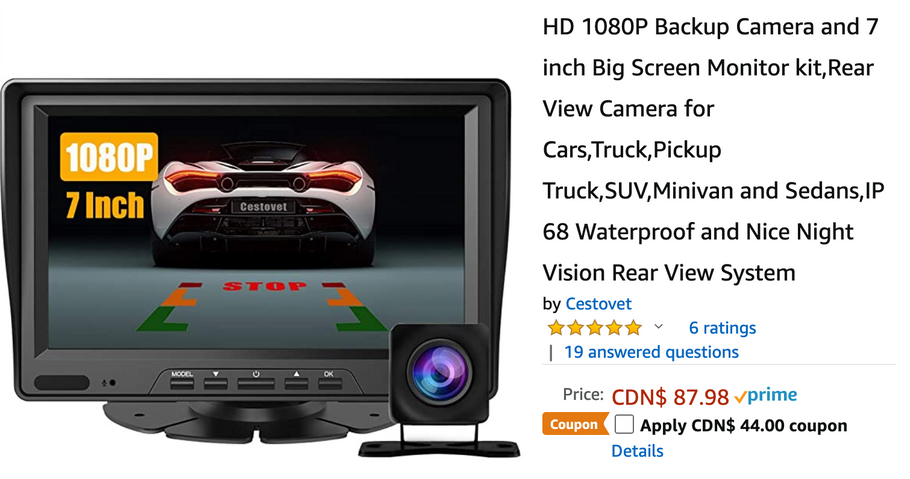 Amazon Canada Deals: Save 50% on Backup Camera 7″ Screen Monitor, Rear View for Cars with Coupon + 48% on Sprinkler Water Pad Outdoor Toys for Kids + More Offers