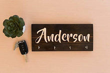 Load image into Gallery viewer, Results personalized wall key hanger unique custom key ring jewelry rack holder customize with your name dark rustic natural wood 4 hooks decorative kitchen garage living closet