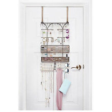 Load image into Gallery viewer, Top rated umbra isabella elegant beautiful bronze finish display over the door jewelry organizer holds over 250 pieces unique patented product features necklace hooks with linen bracelet bar and earring bar