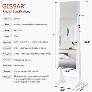 Best seller  gissar jewelry organizer full length mirror jewelry cabinet standing wall mounted jewelry armoire storage with lights lockable white