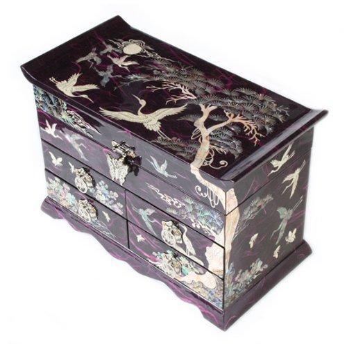 Discover mother of pearl crane and pine tree in purple mulberry paper design wooden jewelry mirror trinket keepsake treasure gift asian lacquer box case chest organizer