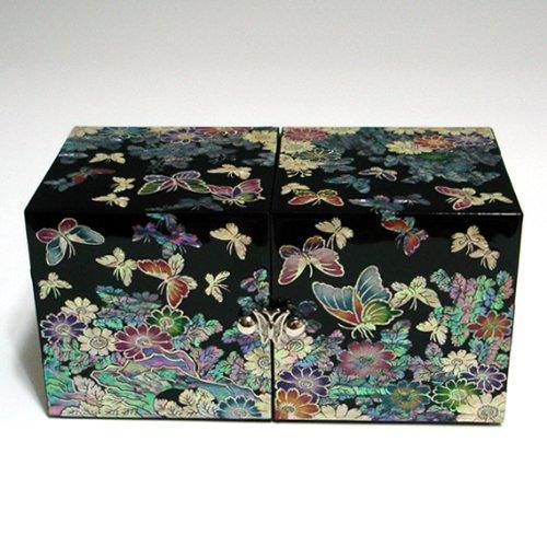 Online shopping mother of pearl black butterfly and flower design wooden twin cubic jewelry trinket keepsake treasure lacquer box case chest organizer