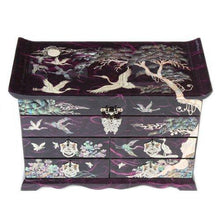 Load image into Gallery viewer, Featured mother of pearl crane and pine tree in purple mulberry paper design wooden jewelry mirror trinket keepsake treasure gift asian lacquer box case chest organizer