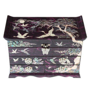 Featured mother of pearl crane and pine tree in purple mulberry paper design wooden jewelry mirror trinket keepsake treasure gift asian lacquer box case chest organizer