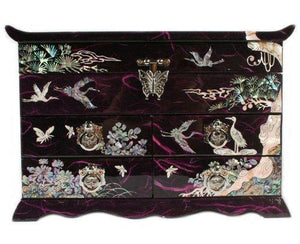 Discover the best mother of pearl crane and pine tree in purple mulberry paper design wooden jewelry mirror trinket keepsake treasure gift asian lacquer box case chest organizer