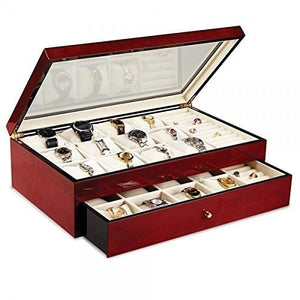 Cherry Finished Watch box & Jewelry Organizer - Glass Top - Large