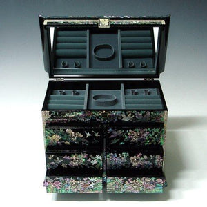 Discover the mother of pearl girls asian lacquer wooden black jewelry trinket keepsake treasure gift jewel ring drawer box chest case holder organizer with flower and bird design