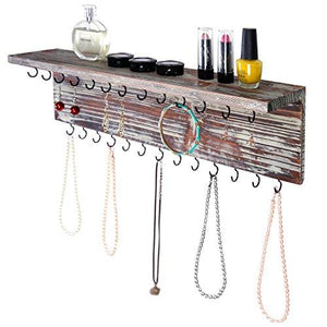 2-Tier Contemporary Rustic Torched Wood Wall Mounted Jewelry Necklace Display Rack W/ Storage Shelf