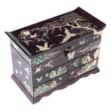 Load image into Gallery viewer, Explore mother of pearl crane and pine tree in purple mulberry paper design wooden jewelry mirror trinket keepsake treasure gift asian lacquer box case chest organizer