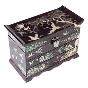 Explore mother of pearl crane and pine tree in purple mulberry paper design wooden jewelry mirror trinket keepsake treasure gift asian lacquer box case chest organizer