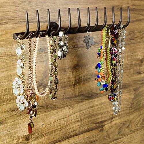 12-Hook Country Garden Rake Design Wall Mounted Metal Jewelry Storage Rack / Necklace Organizer, Brown