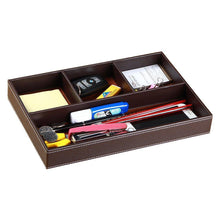 Load image into Gallery viewer, Amazon best valet tray men nightstand drawer organizer 4 compartments pu leather office table stationery storage box for key phone coin wallet jewelry glasses cosmetics business card pen watch note paper brown