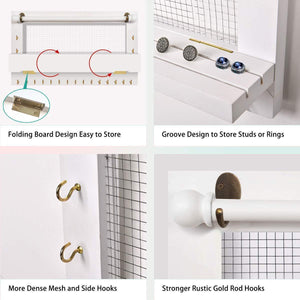 Buy now viefin white wall mounted mesh jewelry organizer wooden earring bracelet holder with shelf hanging hooks for necklace chic wall decorwhite improved