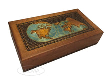 Load image into Gallery viewer, Save on world map box w detailed world globe motif handmade linden wood keepsake jewelry treasure collector box desktop office home wooden box desk accessory unique masterpiece great gift idea f business co workers family or friend made in poland