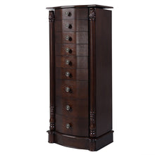 Load image into Gallery viewer, Organize with giantex large jewelry armoire cabinet with 8 drawers 2 swing doors 16 hooks top mirror boxes standing cambered front storage chest stand large standing jewelry armoire dark walnut