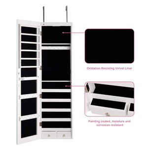 Online shopping giantex wall door jewelry armoire cabinet with mirror 2 led lights auto on large storage wide mirrored 1 scarf rod 36 hooks 1 makeup pouch organizer for bedroom jewelry amoires w 2 drawers white