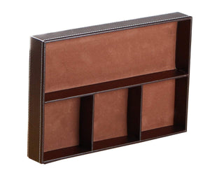 Best seller  valet tray men nightstand drawer organizer 4 compartments pu leather office table stationery storage box for key phone coin wallet jewelry glasses cosmetics business card pen watch note paper brown