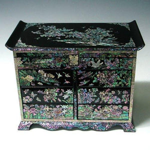 Explore mother of pearl girls asian lacquer wooden black jewelry trinket keepsake treasure gift jewel ring drawer box chest case holder organizer with flower and bird design