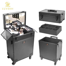 Load image into Gallery viewer, Selection luvodi professional 3 in1 rolling makeup train case with mirror and dimmable lights cosmetic vanity trolley studio jewelry organizer luggage wheeled box for mua show travel business
