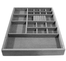 Load image into Gallery viewer, Shop here jewelry drawer organizer wood and velvet for jewels rings necklaces bracelets 20 compartments protects jewelry stackable durable and made in usa gray silver