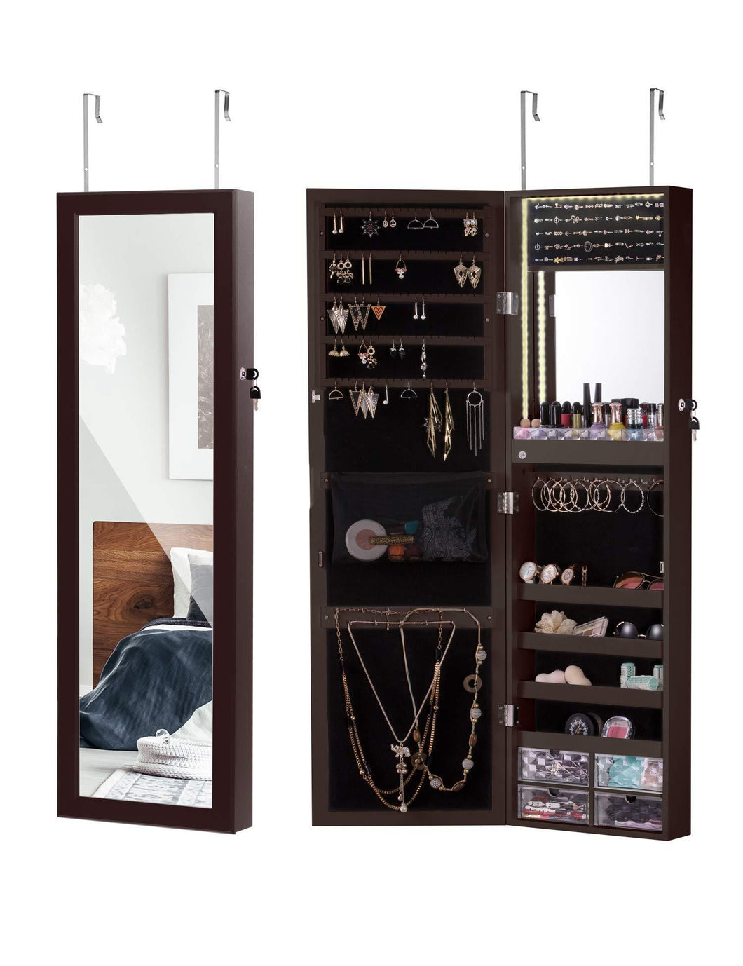 Discover luxfurni led light jewelry cabinet wall mount door hanging mirror makeup lockable armoire large storage organizer w drawers