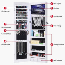 Load image into Gallery viewer, Order now gissar full length mirror jewelry cabinet 6 leds jewelry armoire wall mounted over the door hanging jewelry organizer storage with lights lockable white
