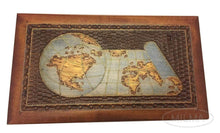 Load image into Gallery viewer, Save world map box w detailed world globe motif handmade linden wood keepsake jewelry treasure collector box desktop office home wooden box desk accessory unique masterpiece great gift idea f business co workers family or friend made in poland