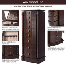Load image into Gallery viewer, Save giantex large jewelry armoire cabinet with 8 drawers 2 swing doors 16 hooks top mirror boxes standing cambered front storage chest stand large standing jewelry armoire dark walnut