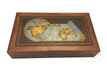 Load image into Gallery viewer, Selection world map box w detailed world globe motif handmade linden wood keepsake jewelry treasure collector box desktop office home wooden box desk accessory unique masterpiece great gift idea f business co workers family or friend made in poland