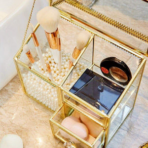 Top rated putwo makeup organizer handmade vintage brass edge makeup brush holder glass makeup brushes storage cosmetic organizer makeup vanity decoration jewelry box make up brushes holder with free pearls