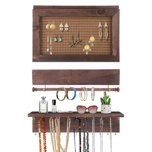Kitchen surophy rustic brown wall mount jewelry organizer wall hanging jewelry display with removable bracelet rod from wooden wall mounted mesh jewelry organizer wooden earring bracelet holder for necklace