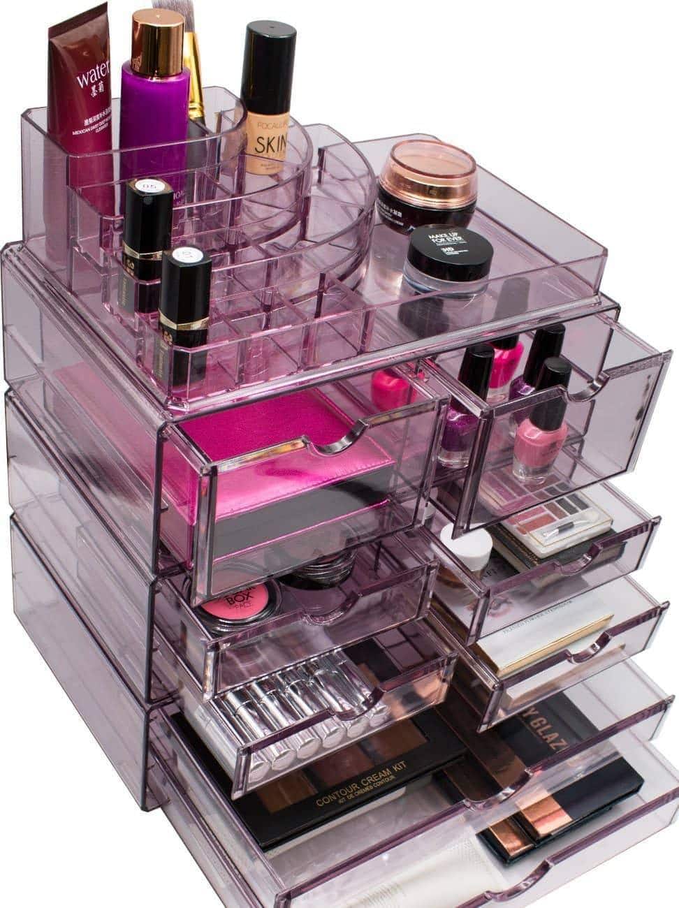 Heavy duty sorbus acrylic cosmetics makeup and jewelry storage case x large display sets interlocking scoop drawers to create your own specially designed makeup counter stackable and interchangeable purple 1
