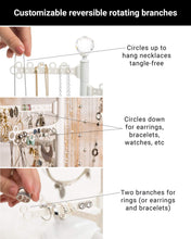 Load image into Gallery viewer, Featured all hung up 12 tier extra capacity jewelry organizer holder stand tower tree with dish tray display everything necklaces earrings 110 pairs rings bracelets limited edition gold white