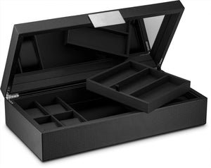 Discover glenor co watch and sunglasses box with valet tray for men 14 slot luxury display case organizer black carbon fiber design for mens jewelry watches mens storage holder w large mirror metal buckle