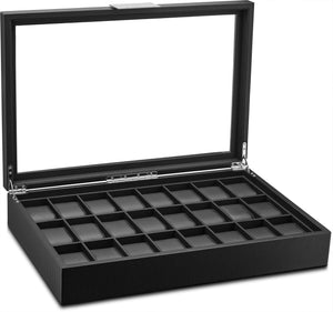 Heavy duty glenor co watch box for men 24 slot flat luxury display case organizer carbon fiber design for mens jewelry watches mens storage holder boasts large glass top metal buckle leather pillows black