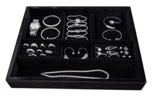 Load image into Gallery viewer, On amazon jewelry tray drawer insert jewelry organizer velvet and wood tray for jewelry bracelets earrings necklaces rings durable and stackable handmade in usa 7 compartments black 15x12x2 black