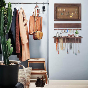 Organize with surophy rustic brown wall mount jewelry organizer wall hanging jewelry display with removable bracelet rod from wooden wall mounted mesh jewelry organizer wooden earring bracelet holder for necklace