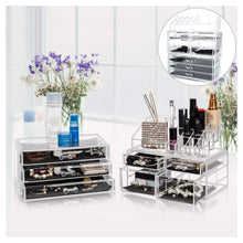Load image into Gallery viewer, Cheap offeir us stock clear acrylic stackable cosmetic makeup storage cube organizer jewelry storage drawers case great for bathroom dresser vanity and countertop 3 pieces set 4 small 3 large drawers