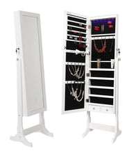 Load image into Gallery viewer, Storage finnhomy lockable mirrored jewelry armoire storage organizer free standing makeup cabinet holder w led light stand for ring necklace earring cosmetics broach bracelet white