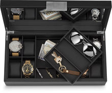 Load image into Gallery viewer, Discover the glenor co watch and sunglasses box with valet tray for men 14 slot luxury display case organizer black carbon fiber design for mens jewelry watches mens storage holder w large mirror metal buckle