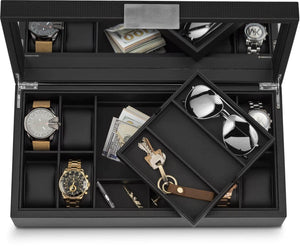 Discover the glenor co watch and sunglasses box with valet tray for men 14 slot luxury display case organizer black carbon fiber design for mens jewelry watches mens storage holder w large mirror metal buckle