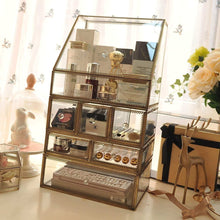 Load image into Gallery viewer, Products antique spacious makeup organizer mirror glass drawers set brass metal cosmetic vanity storage stunning jewelry cube countertop dresser vintage makeup holder nightstand for perfume brushes skincare