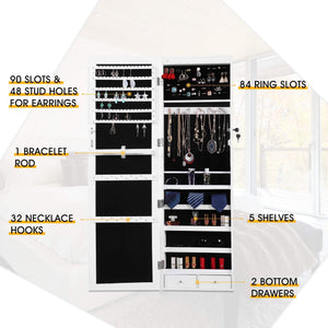 Kitchen cloud mountain jewelry cabinet 6 leds jewelry armoire lockable wall door mounted jewelry cabinet organizer with mirror 2 drawers bedroom living room cloakroom closet white