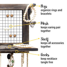 Load image into Gallery viewer, Kitchen socal buttercup rustic jewelry organizer wall mount with bracelet pegs necklace holder earring hanger hanging mounted wooden shelf to display earrings necklaces and accessories from