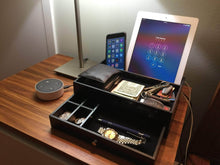 Load image into Gallery viewer, Storage organizer ideas in life valet drawer charging station black nightstand organizer wallet and key tray holds watches jewelry tablet 5 compartment cell phone holder for men and women
