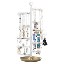 Load image into Gallery viewer, Discover the best all hung up 12 tier extra capacity jewelry organizer holder stand tower tree with dish tray display everything necklaces earrings 110 pairs rings bracelets limited edition gold white
